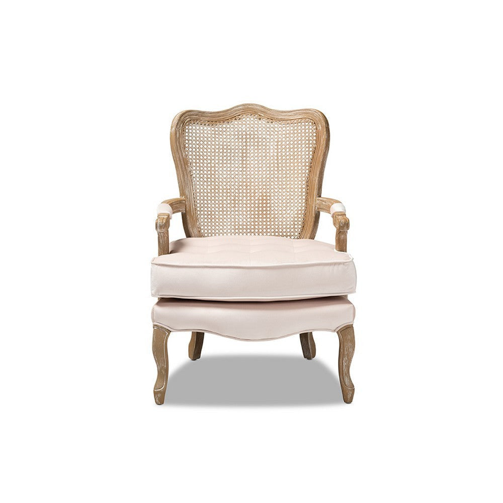 Baxton Studio Vallea Traditional French Provincial Light Beige Velvet Fabric Upholstered White-Washed Oak Wood Armchair