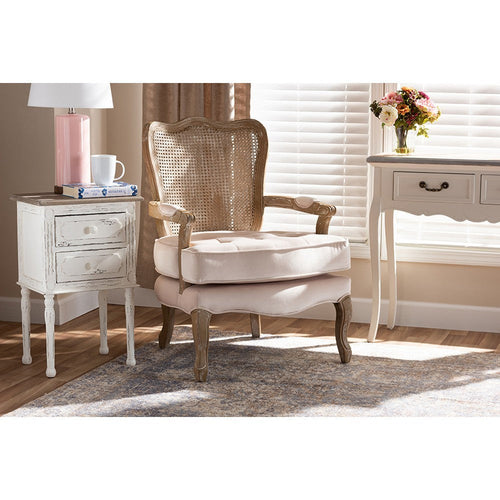 Baxton Studio Vallea Traditional French Provincial Light Beige Velvet Fabric Upholstered White-Washed Oak Wood Armchair