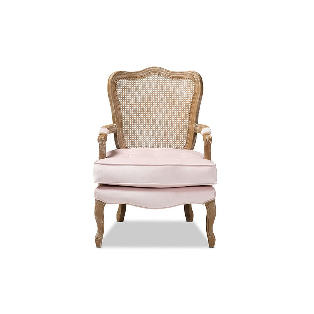 Baxton Studio Vallea Traditional French Provincial Light Pink Velvet Fabric Upholstered White-Washed Oak Wood Armchair