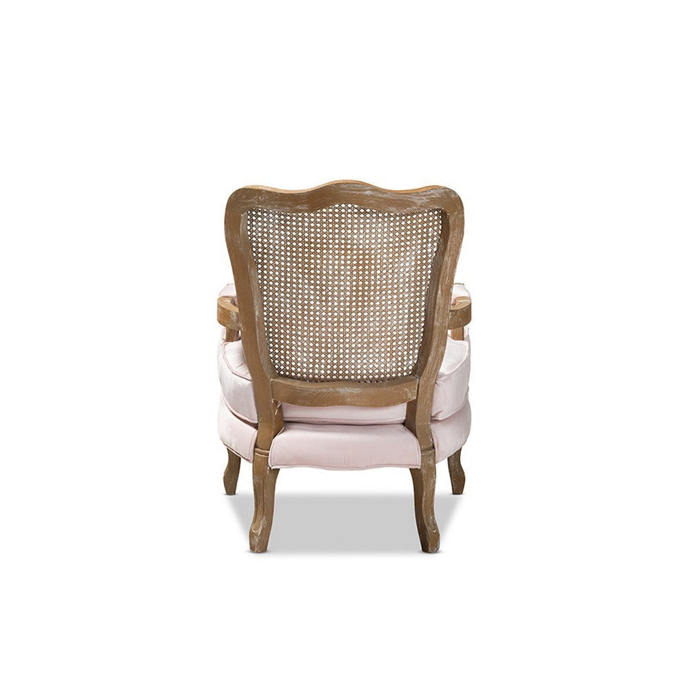 Baxton Studio Vallea Traditional French Provincial Light Pink Velvet Fabric Upholstered White-Washed Oak Wood Armchair