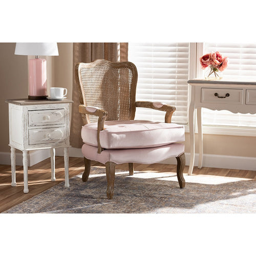 Baxton Studio Vallea Traditional French Provincial Light Pink Velvet Fabric Upholstered White-Washed Oak Wood Armchair