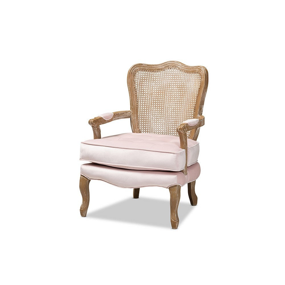 Baxton Studio Vallea Traditional French Provincial Light Pink Velvet Fabric Upholstered White-Washed Oak Wood Armchair