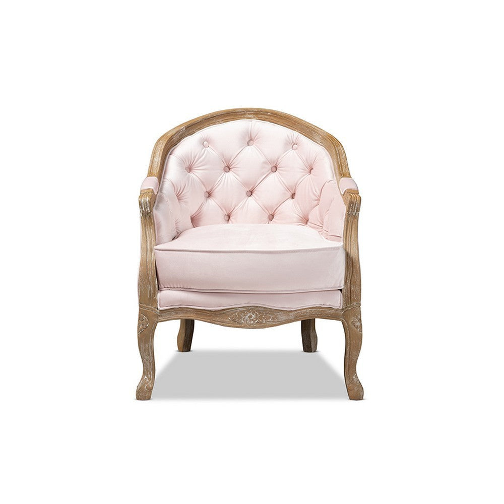 Baxton Studio Genevieve Traditional French Provincial Light Pink Velvet Upholstered White-Washed Oak Wood Armchair WHI-TSF7766-Light-Pink-CC