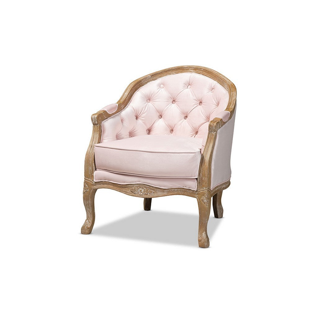 Baxton Studio Genevieve Traditional French Provincial Light Pink Velvet Upholstered White-Washed Oak Wood Armchair WHI-TSF7766-Light-Pink-CC