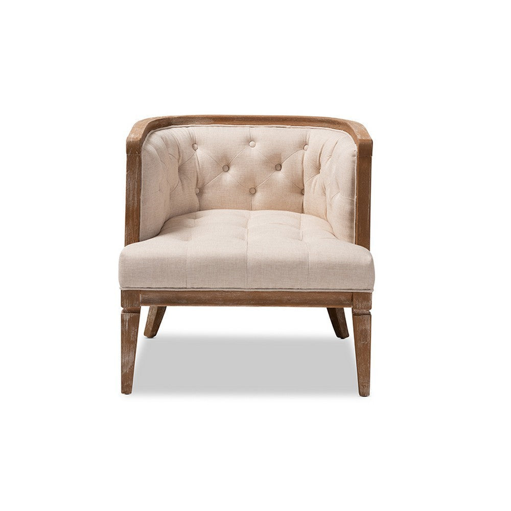 Baxton Studio Esme French Provincial Beige Linen Fabric Upholstered and White-Washed Oak Wood Accent Barrel Chair