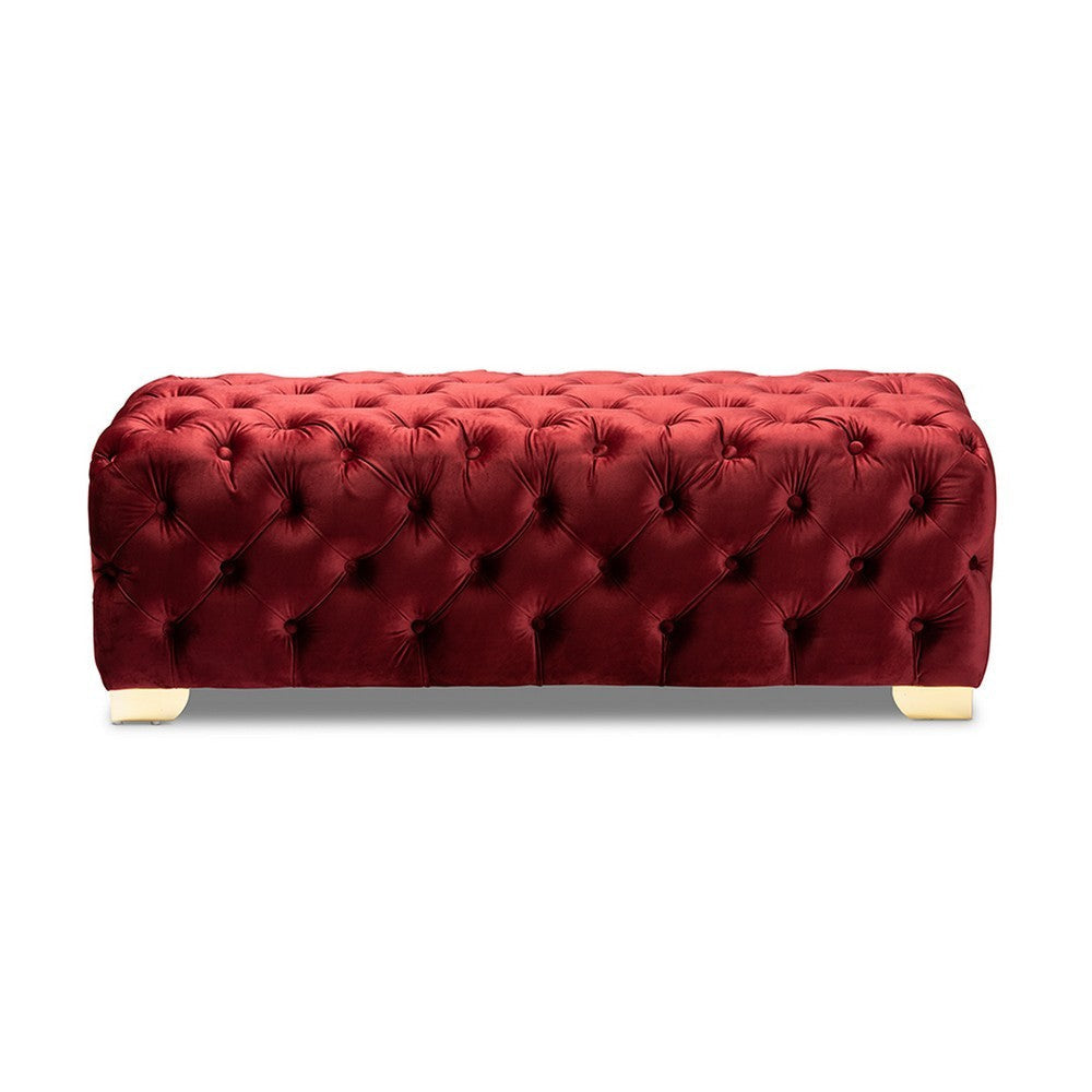 Baxton Studio Avara Glam and Luxe Burgundy Velvet Fabric Upholstered Gold Finished Button Tufted Bench Ottoman