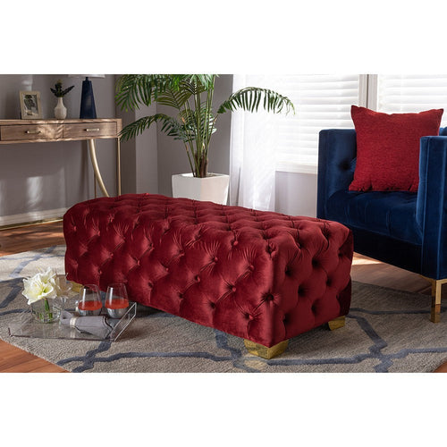 Baxton Studio Avara Glam and Luxe Burgundy Velvet Fabric Upholstered Gold Finished Button Tufted Bench Ottoman