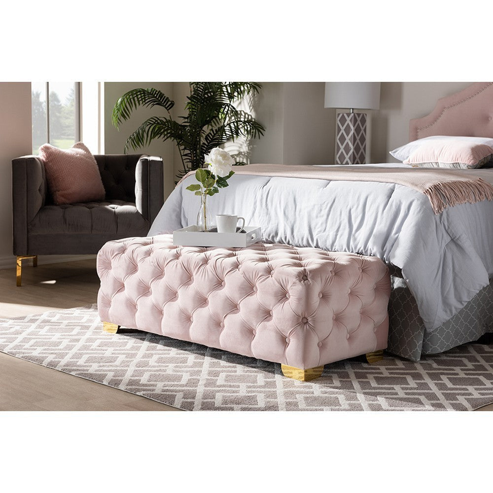 Baxton Studio Avara Glam and Luxe Light Pink Velvet Fabric Upholstered Gold Finished Button Tufted Bench Ottoman