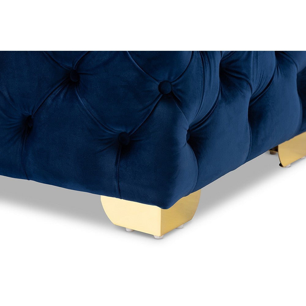 Baxton Studio Avara Glam and Luxe Royal Blue Velvet Fabric Upholstered Gold Finished Button Tufted Ottoman