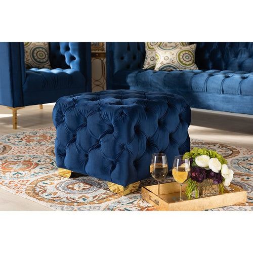 Baxton Studio Avara Glam and Luxe Royal Blue Velvet Fabric Upholstered Gold Finished Button Tufted Ottoman