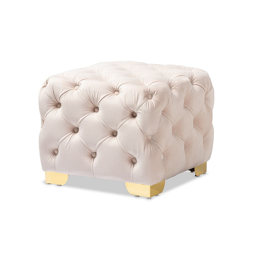 Baxton Studio Avara Glam and Luxe Light Beige Velvet Fabric Upholstered Gold Finished Button Tufted Ottoman