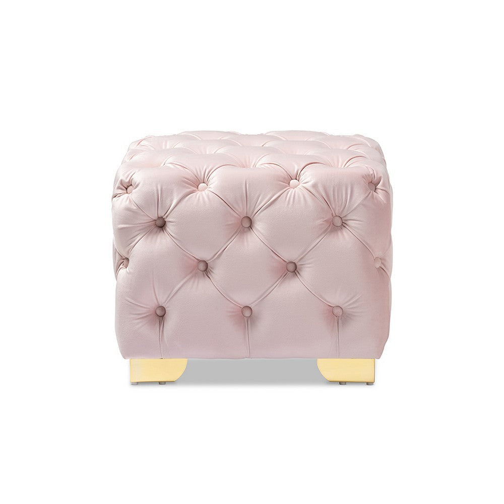Baxton Studio Avara Glam and Luxe Light Pink Velvet Fabric Upholstered Gold Finished Button Tufted Ottoman