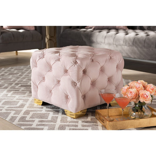 Baxton Studio Avara Glam and Luxe Light Pink Velvet Fabric Upholstered Gold Finished Button Tufted Ottoman