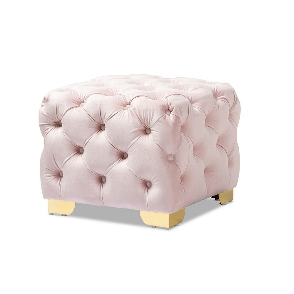 Baxton Studio Avara Glam and Luxe Light Pink Velvet Fabric Upholstered Gold Finished Button Tufted Ottoman