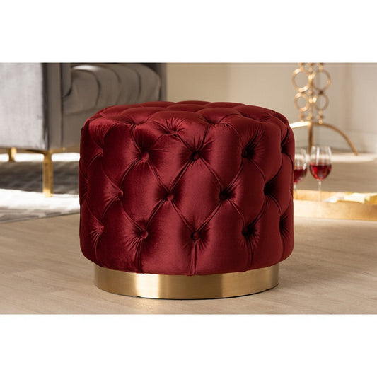 Baxton Studio Valeria Glam Burgundy Red Velvet Fabric Upholstered Gold-Finished Button Tufted Ottoman