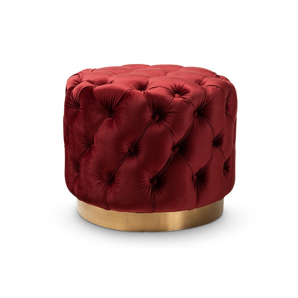 Baxton Studio Valeria Glam Burgundy Red Velvet Fabric Upholstered Gold-Finished Button Tufted Ottoman