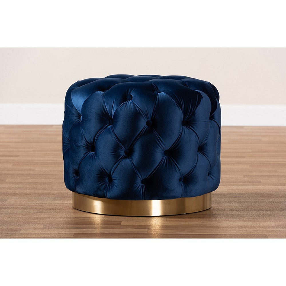 Baxton Studio Valeria Glam Royal Blue Velvet Fabric Upholstered Gold-Finished Button Tufted Ottoman