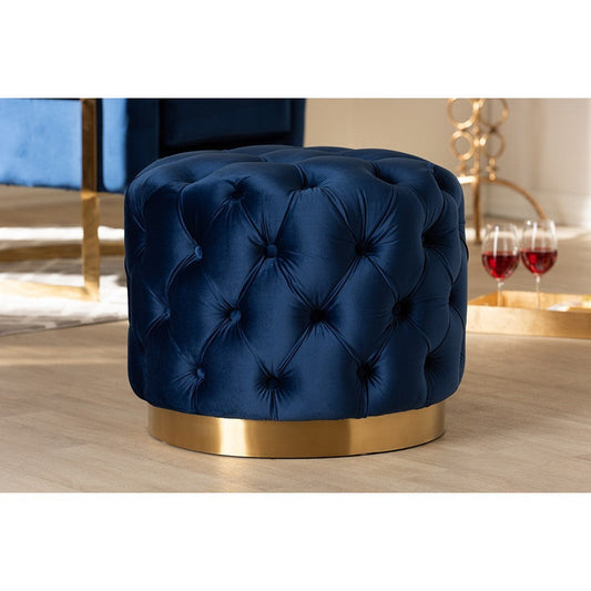 Baxton Studio Valeria Glam Royal Blue Velvet Fabric Upholstered Gold-Finished Button Tufted Ottoman
