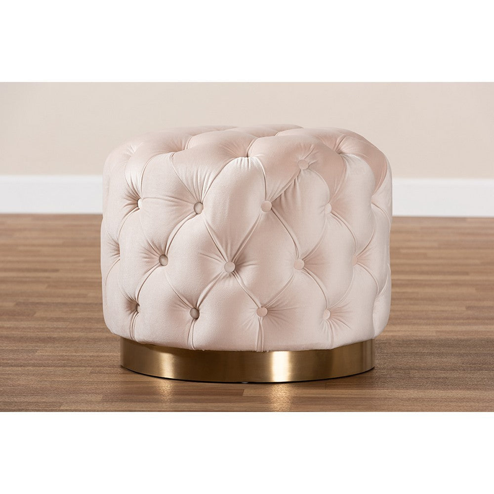Baxton Studio Valeria Glam Light Beige Velvet Fabric Upholstered Gold-Finished Button Tufted Ottoman