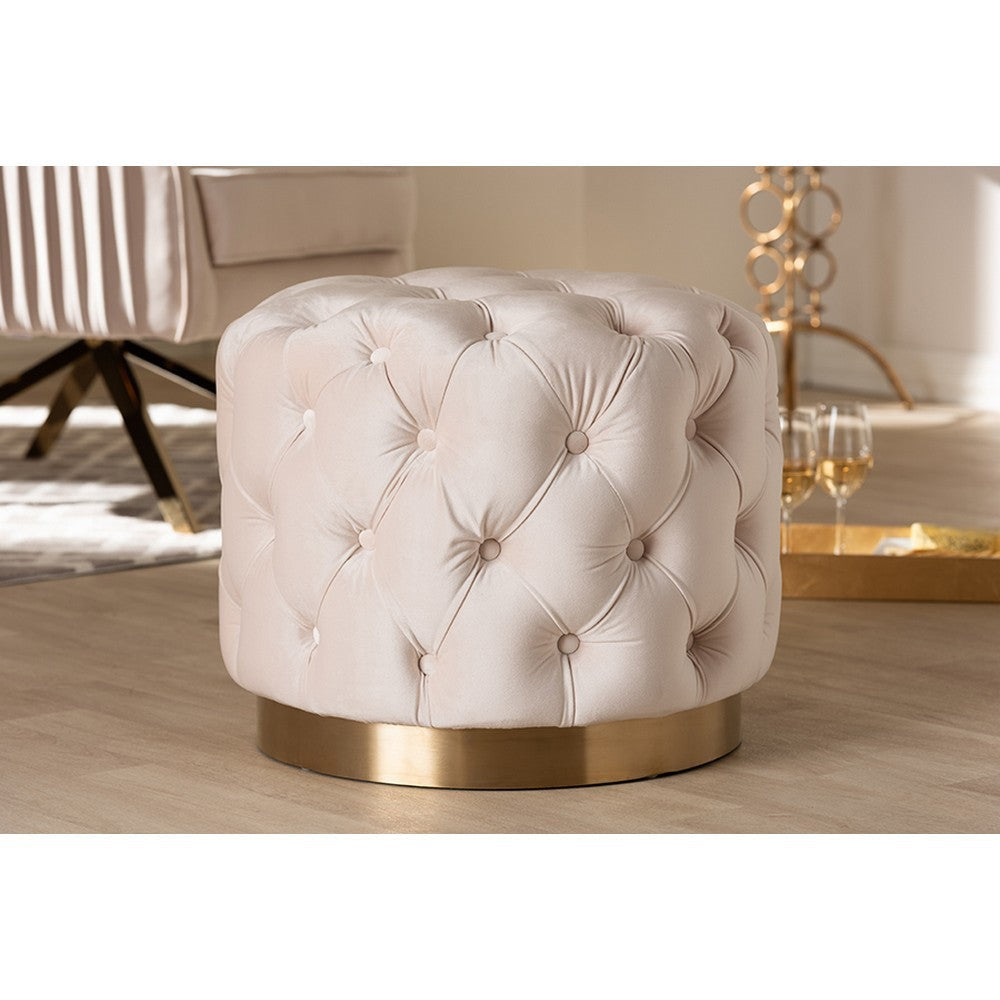 Baxton Studio Valeria Glam Light Beige Velvet Fabric Upholstered Gold-Finished Button Tufted Ottoman