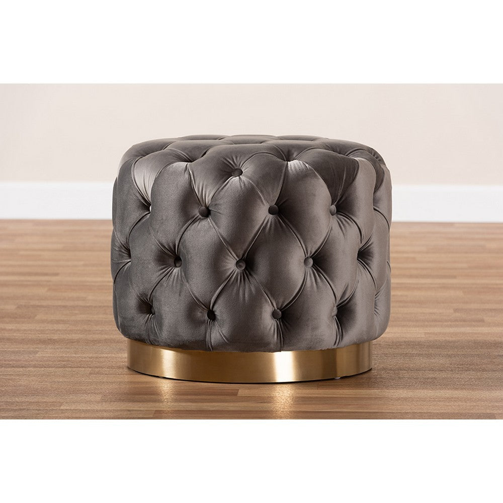 Baxton Studio Valeria Glam Gray Velvet Fabric Upholstered Gold-Finished Button Tufted Ottoman