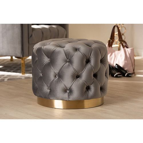Baxton Studio Valeria Glam Gray Velvet Fabric Upholstered Gold-Finished Button Tufted Ottoman
