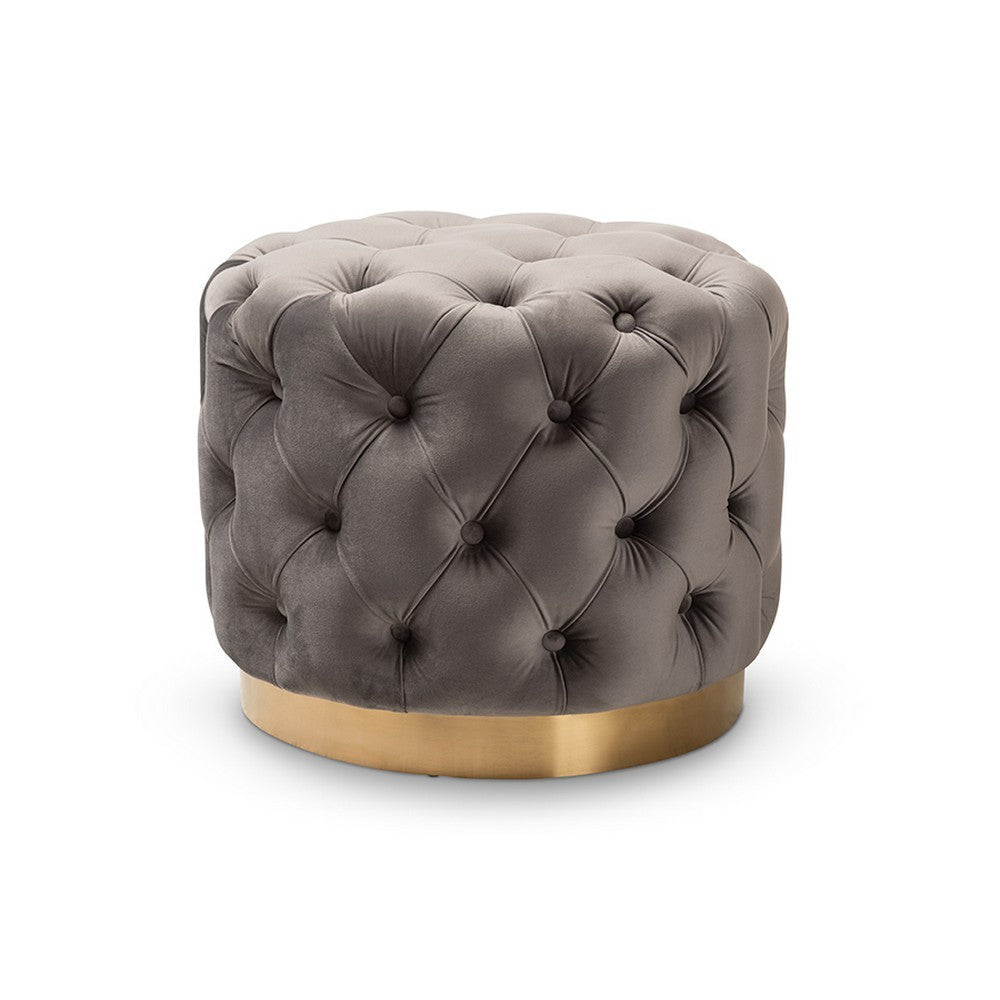 Baxton Studio Valeria Glam Gray Velvet Fabric Upholstered Gold-Finished Button Tufted Ottoman