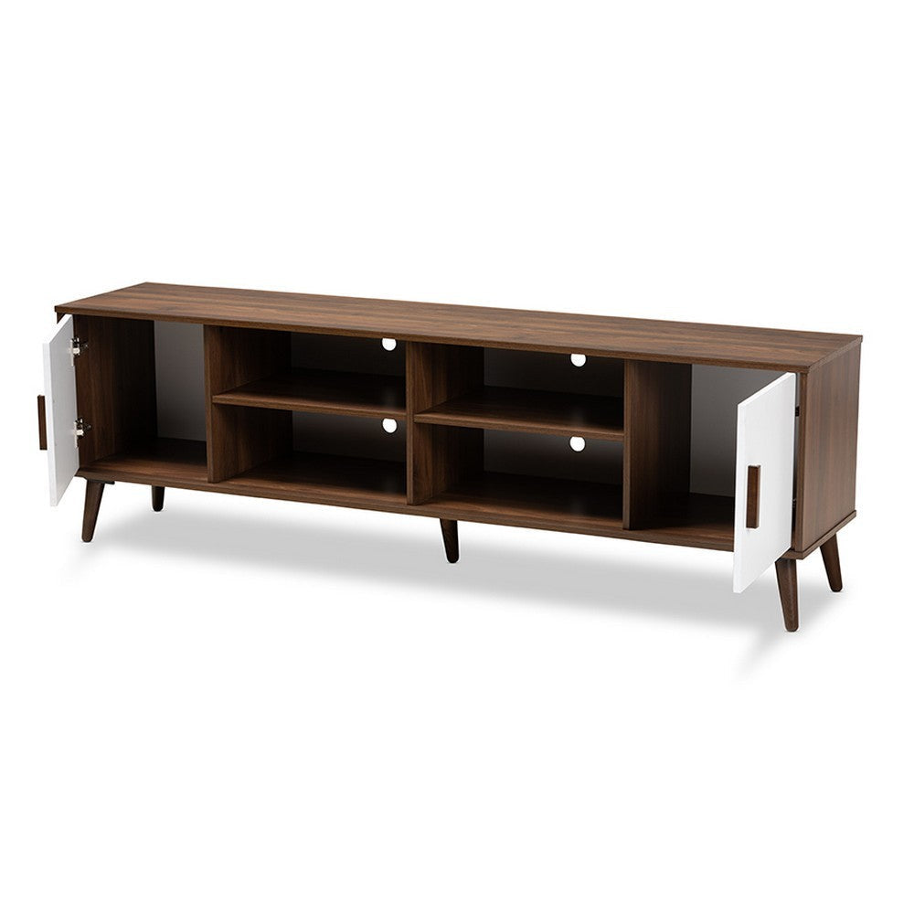 Baxton Studio Quinn Mid-Century Modern Two-Tone White and Walnut Finished 2-Door Wood TV Stand WHI-TV8003-Columbia-Walnut-White-TV