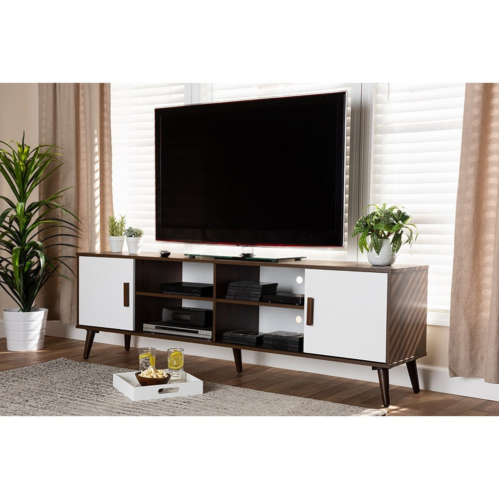 Baxton Studio Quinn Mid-Century Modern Two-Tone White and Walnut Finished 2-Door Wood TV Stand
