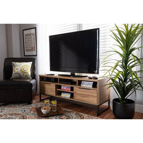 Baxton Studio Reid Modern and Contemporary Industrial Oak Finished Wood and Black Metal 2-Drawer TV Stand