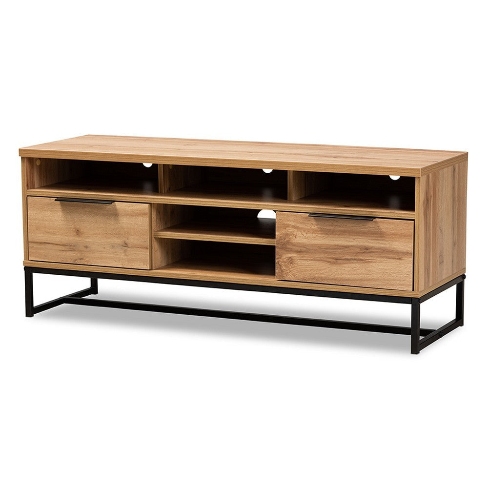 Baxton Studio Reid Modern and Contemporary Industrial Oak Finished Wood and Black Metal 2-Drawer TV Stand WHI-TV8007-Oak-Black-TV