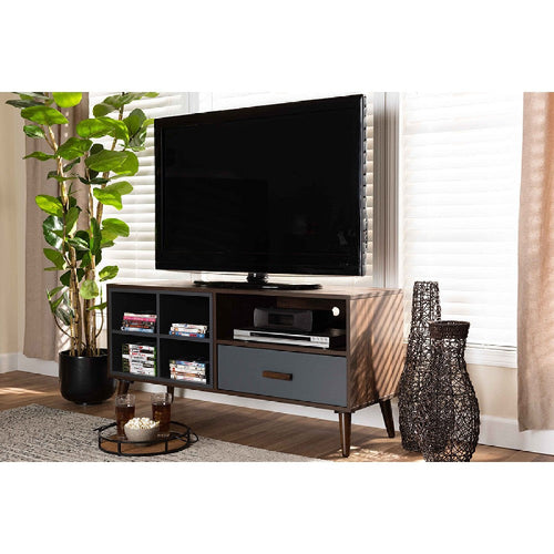 Baxton Studio Garrick Modern and Contemporary Two-Tone Grey and Walnut Brown Finished Wood 1-Drawer TV Stand