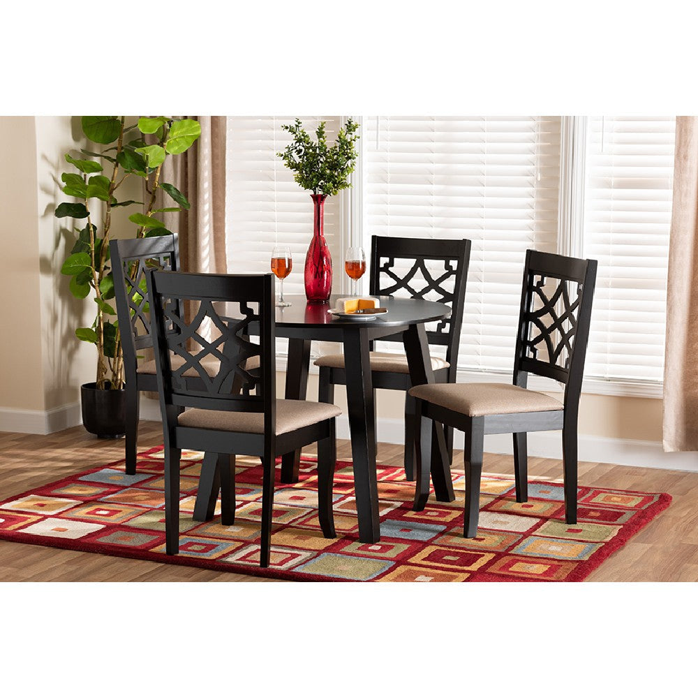 Baxton Studio Thea Modern Beige Fabric and Dark Brown Finished Wood 5-Piece Dining Set WHI-Thea-Sand-Dark-Brown-5PC-Dining-Set