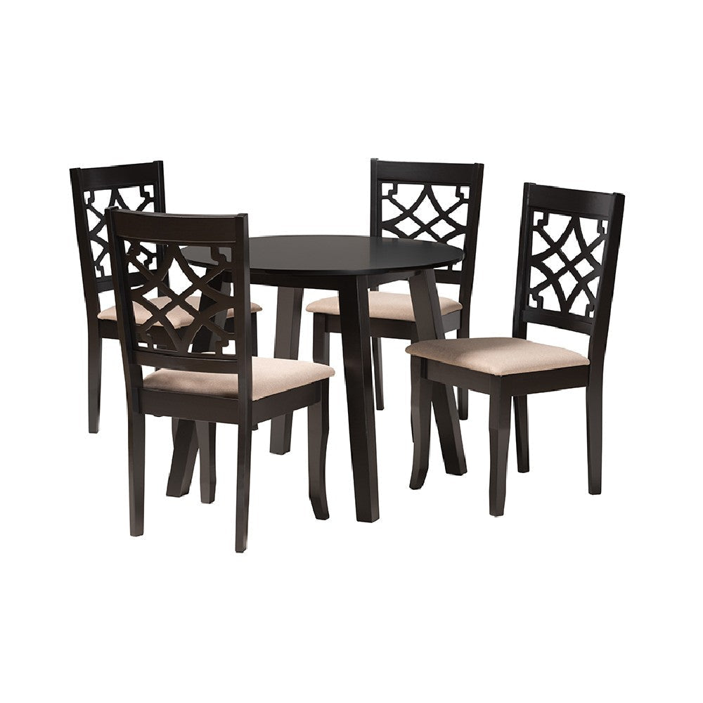 Baxton Studio Thea Modern Beige Fabric and Dark Brown Finished Wood 5-Piece Dining Set WHI-Thea-Sand-Dark-Brown-5PC-Dining-Set