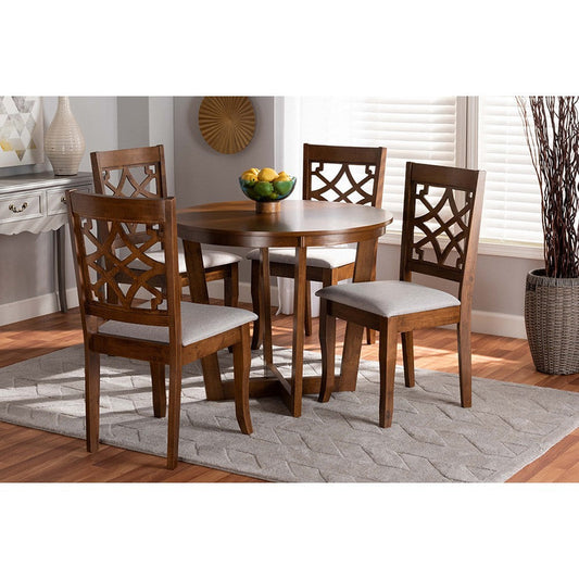 Baxton Studio Tricia Modern and Contemporary Grey Fabric Upholstered and Walnut Brown Finished Wood 5-Piece Dining Set