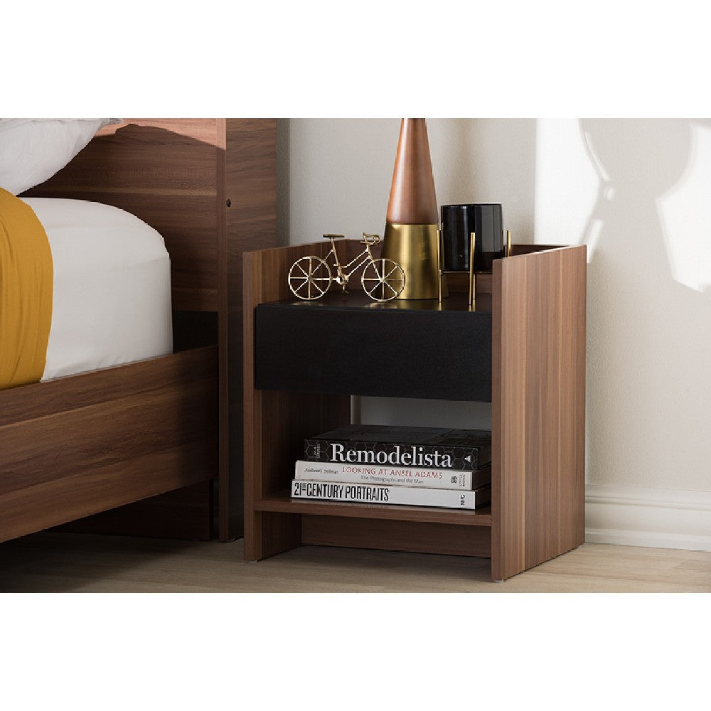 Baxton Studio Vanda Modern and Contemporary Two-Tone Walnut and Black Wood 1-Drawer Nightstand WHI-VDNT0014-Walnut-Black-NS