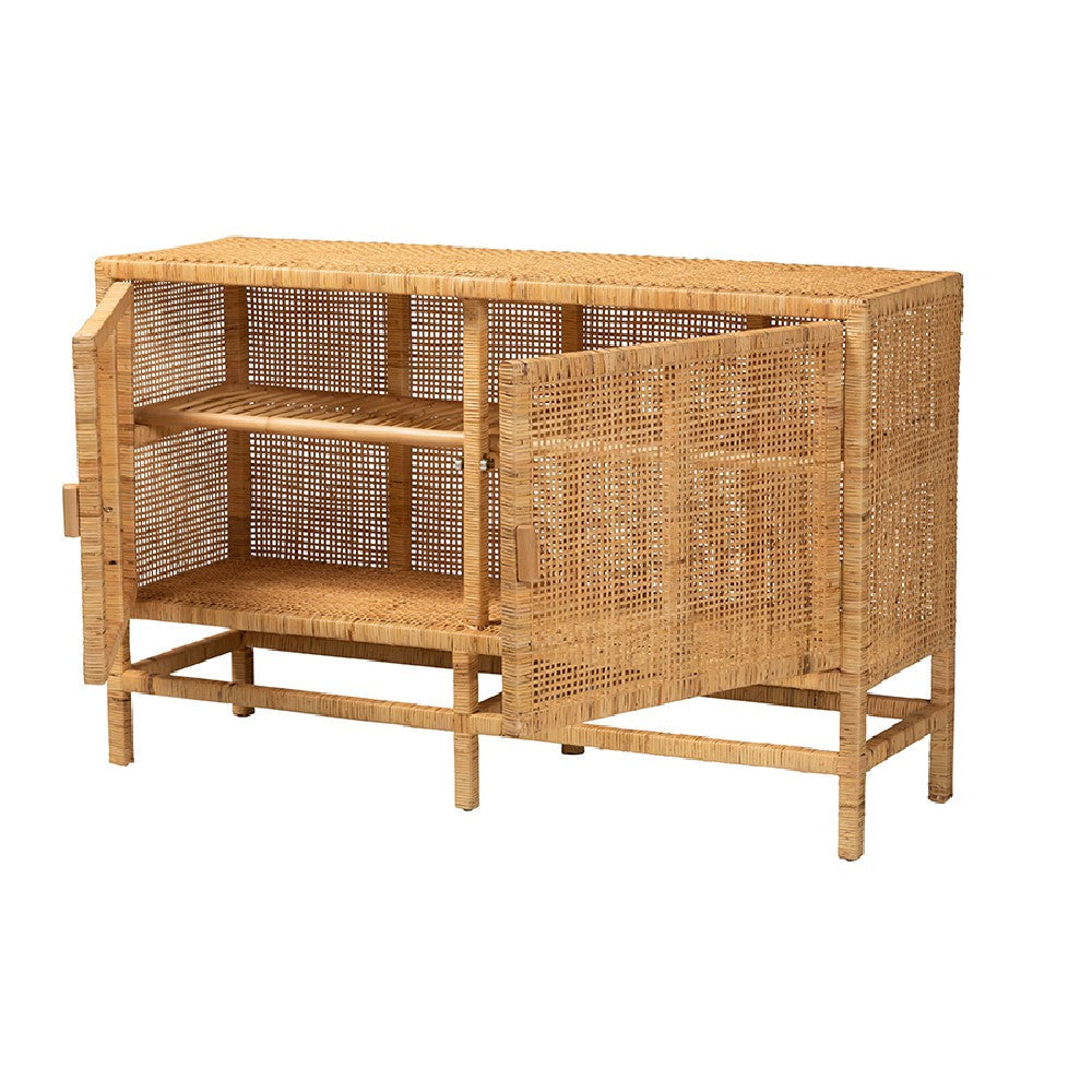 bali & pari Vivan Modern Bohemian Natural Brown Rattan and Mahogany Wood Storage Cabinet