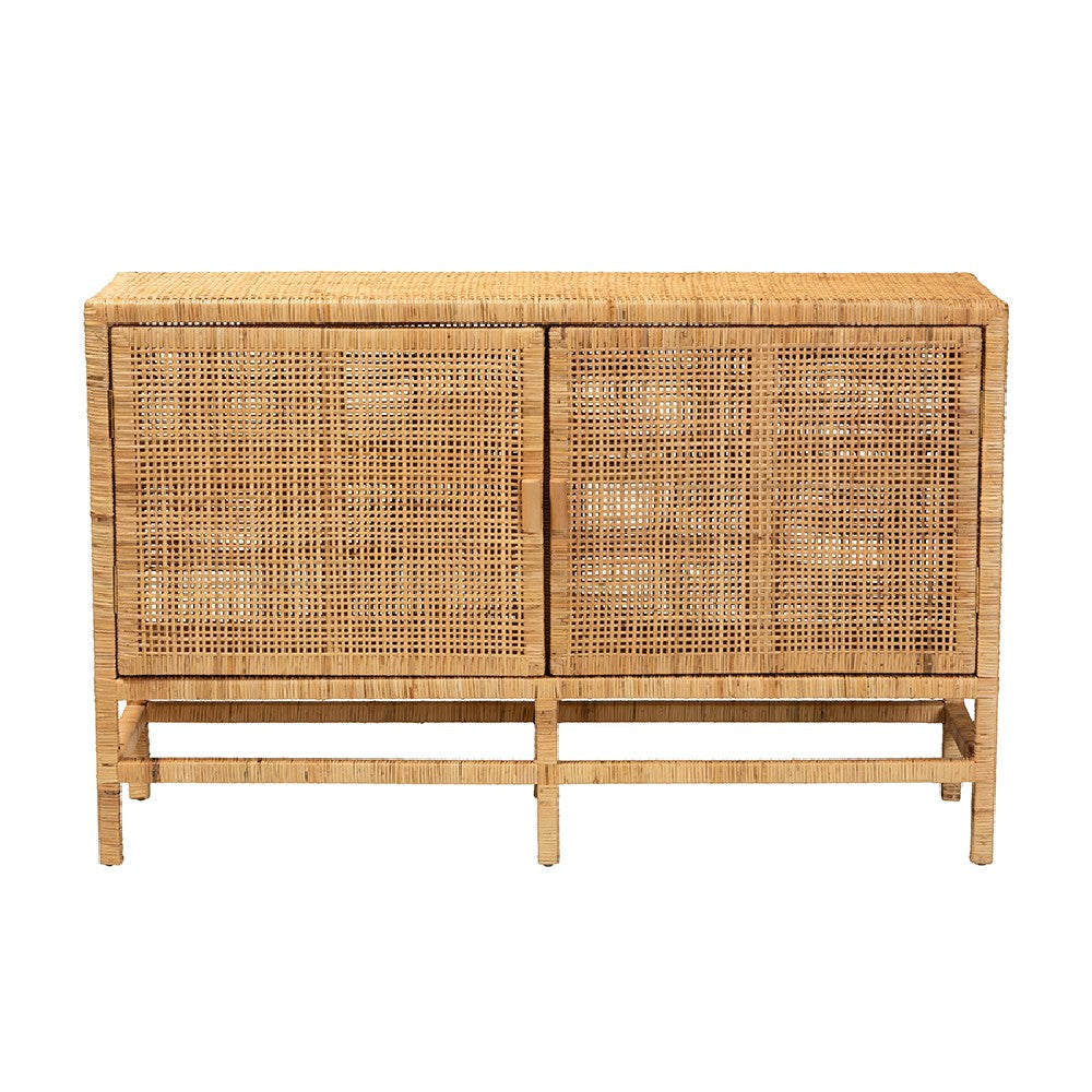 bali & pari Vivan Modern Bohemian Natural Brown Rattan and Mahogany Wood Storage Cabinet