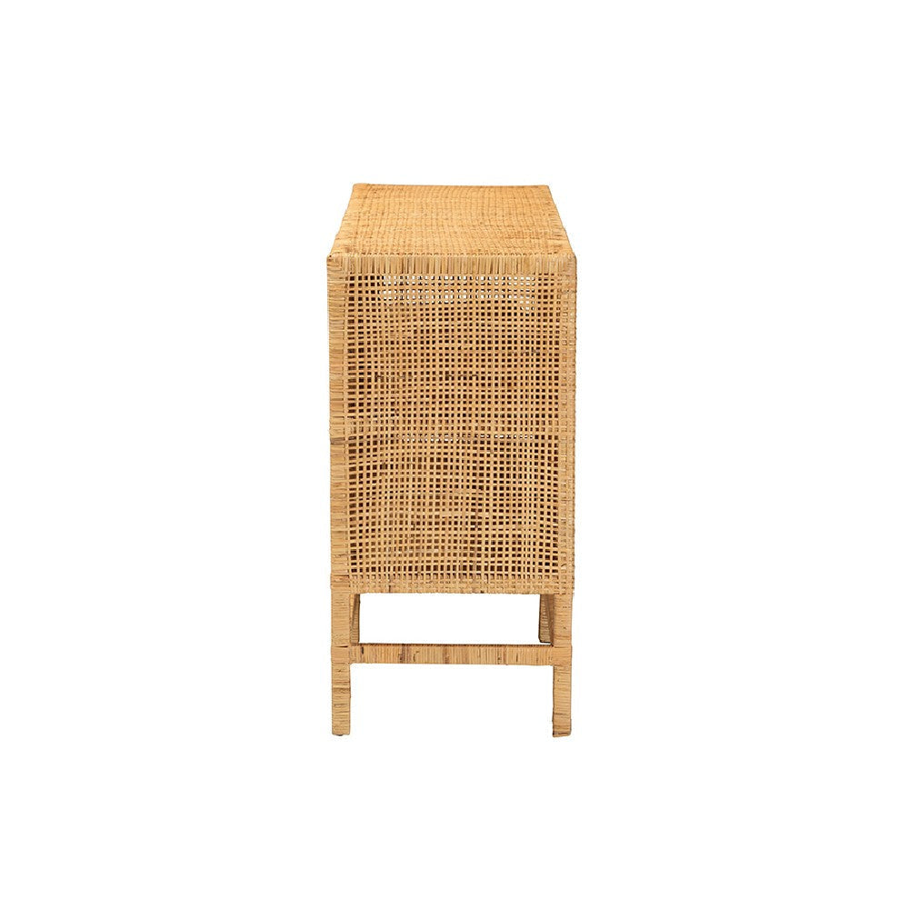 bali & pari Vivan Modern Bohemian Natural Brown Rattan and Mahogany Wood Storage Cabinet