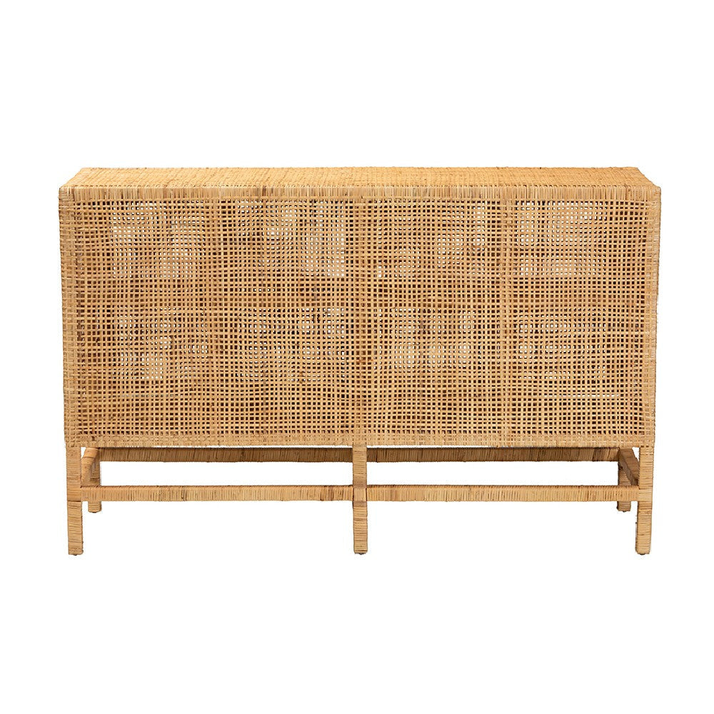 bali & pari Vivan Modern Bohemian Natural Brown Rattan and Mahogany Wood Storage Cabinet