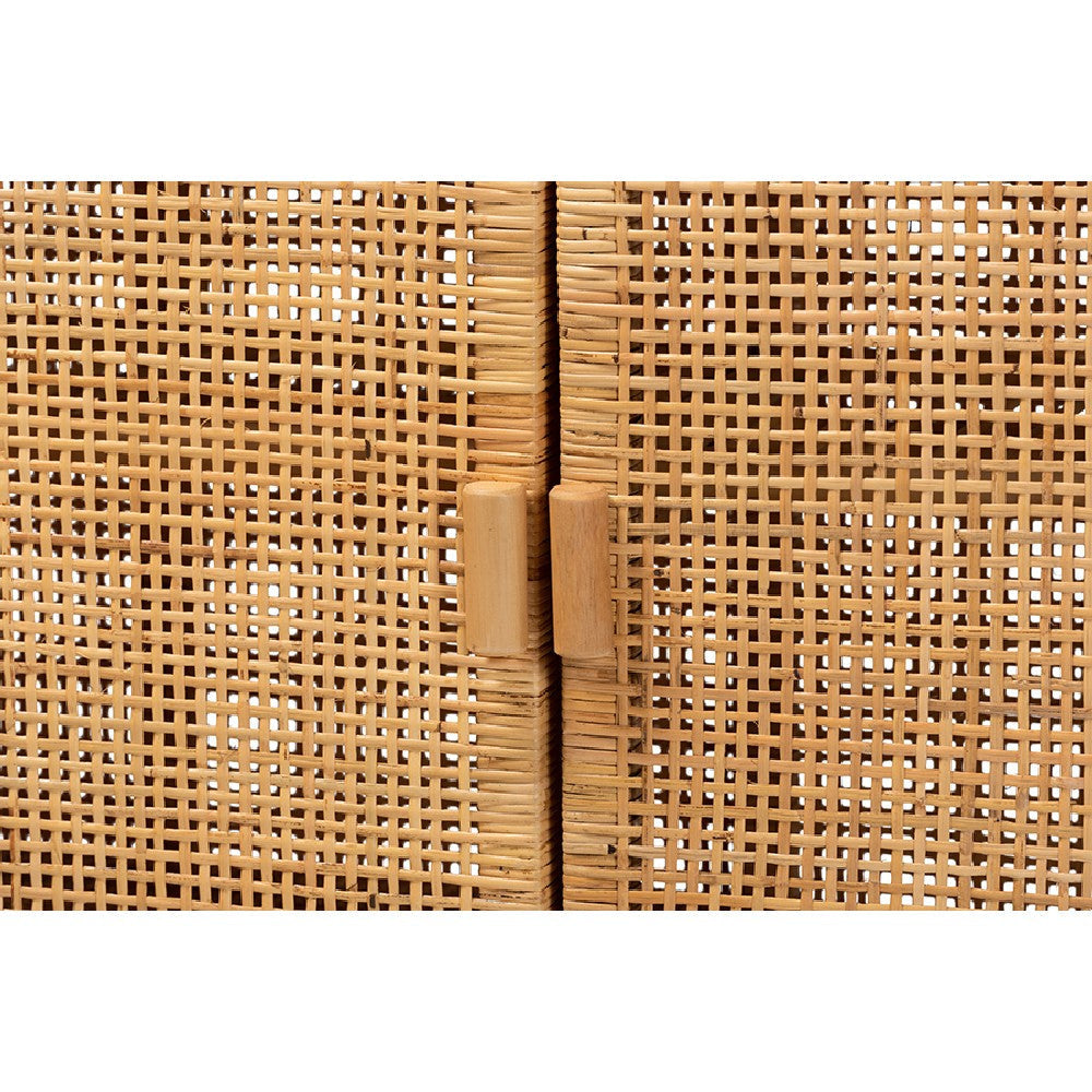 bali & pari Vivan Modern Bohemian Natural Brown Rattan and Mahogany Wood Storage Cabinet