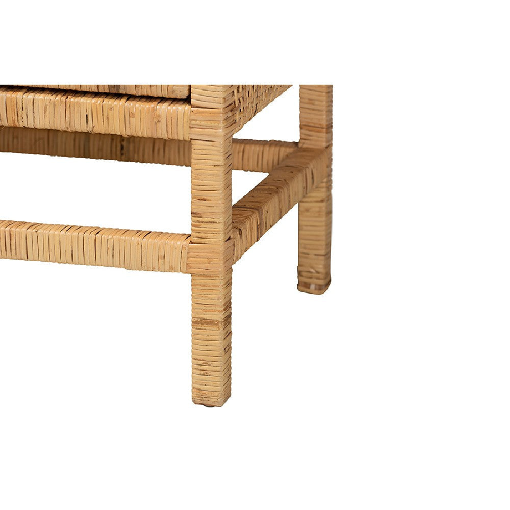 bali & pari Vivan Modern Bohemian Natural Brown Rattan and Mahogany Wood Storage Cabinet