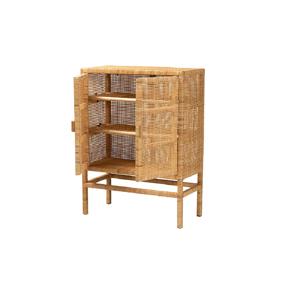 bali & pari Vivan Modern Bohemian Natural Brown Rattan and Mahogany Wood 3-Shelf Storage Cabinet
