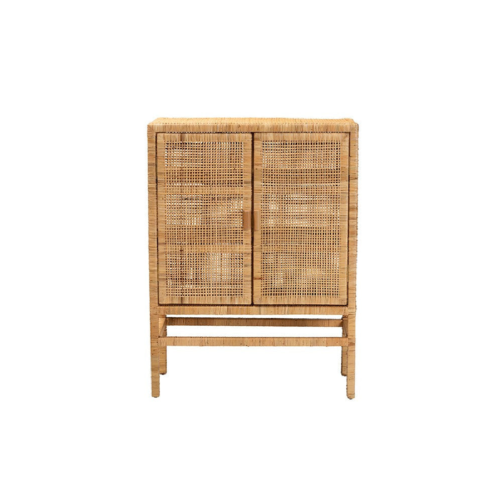 bali & pari Vivan Modern Bohemian Natural Brown Rattan and Mahogany Wood 3-Shelf Storage Cabinet