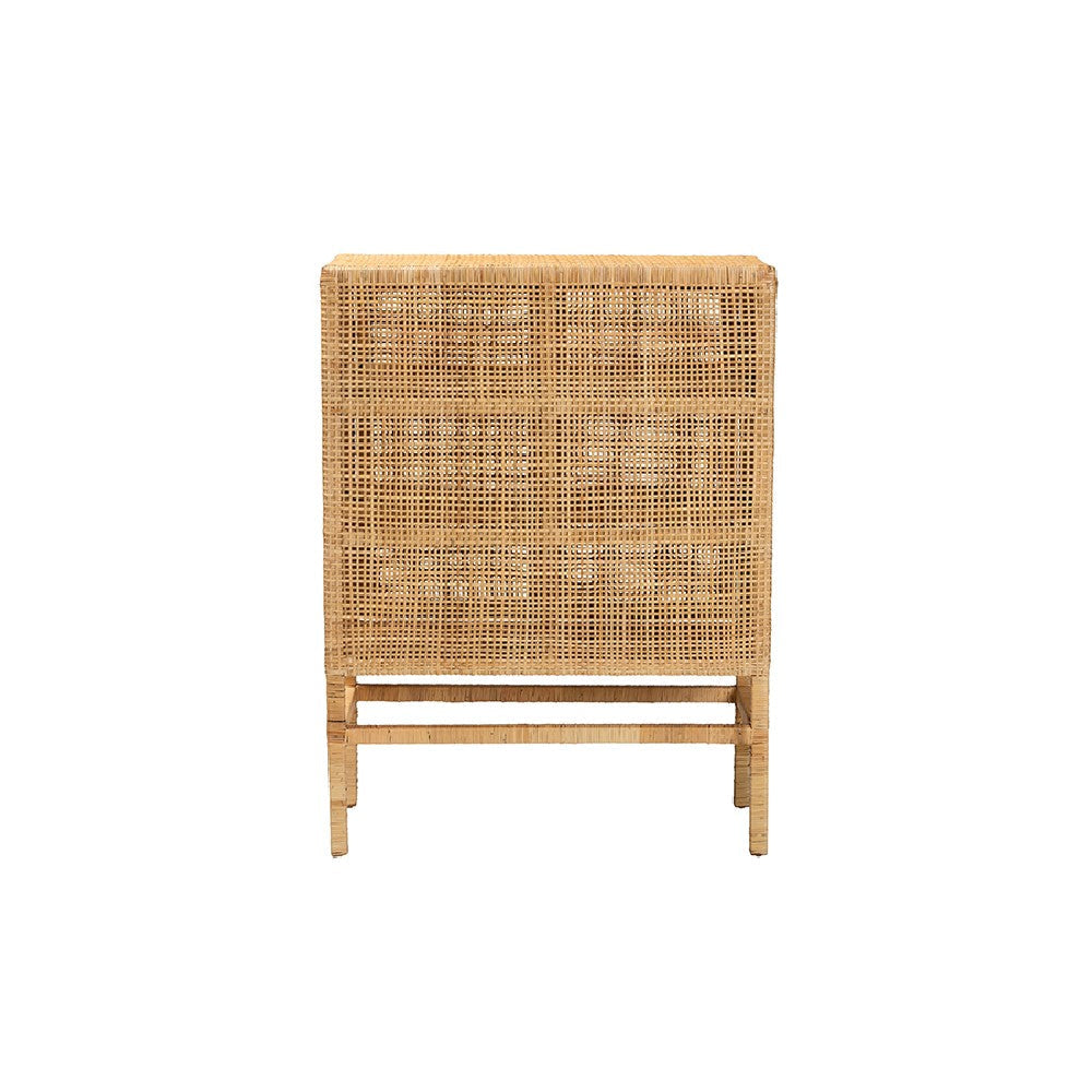 bali & pari Vivan Modern Bohemian Natural Brown Rattan and Mahogany Wood 3-Shelf Storage Cabinet