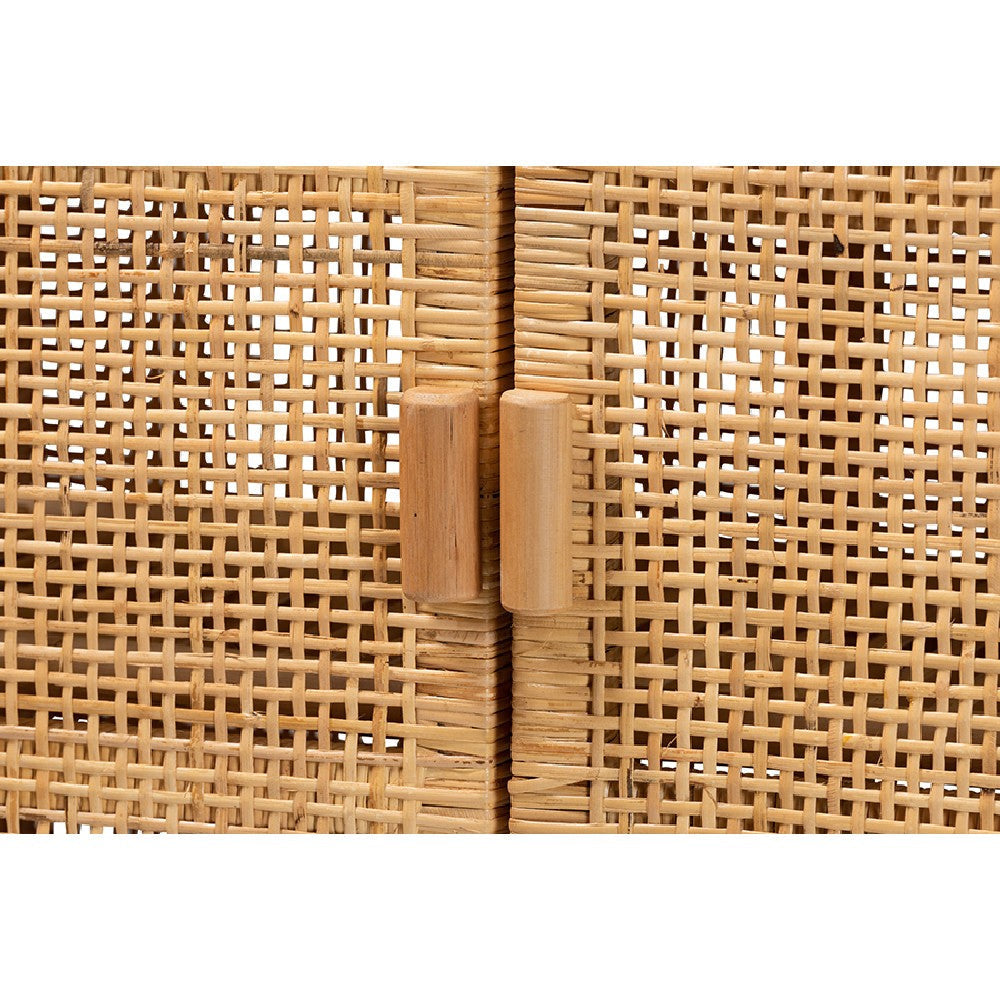 bali & pari Vivan Modern Bohemian Natural Brown Rattan and Mahogany Wood 3-Shelf Storage Cabinet