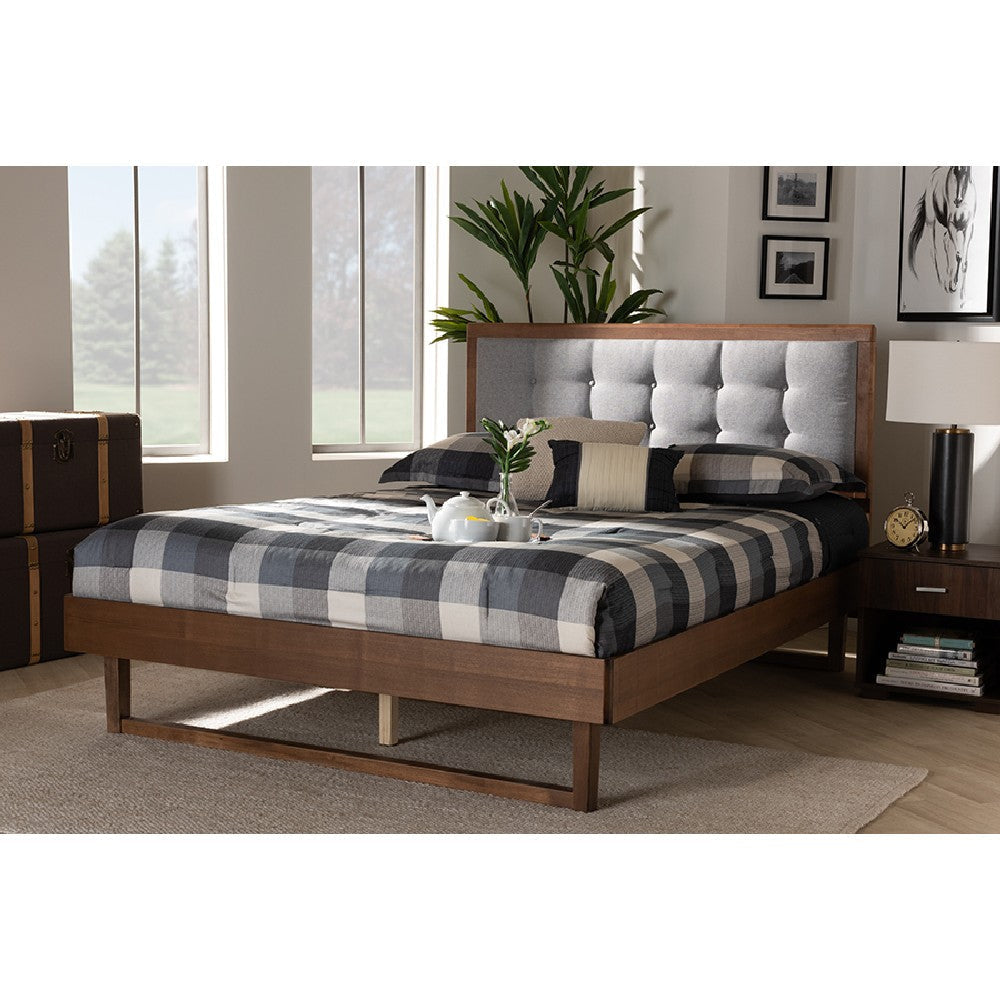 Baxton Studio Viviana Modern and Contemporary Light Grey Fabric Upholstered and Ash Walnut Finished Wood Queen Size Platform Bed