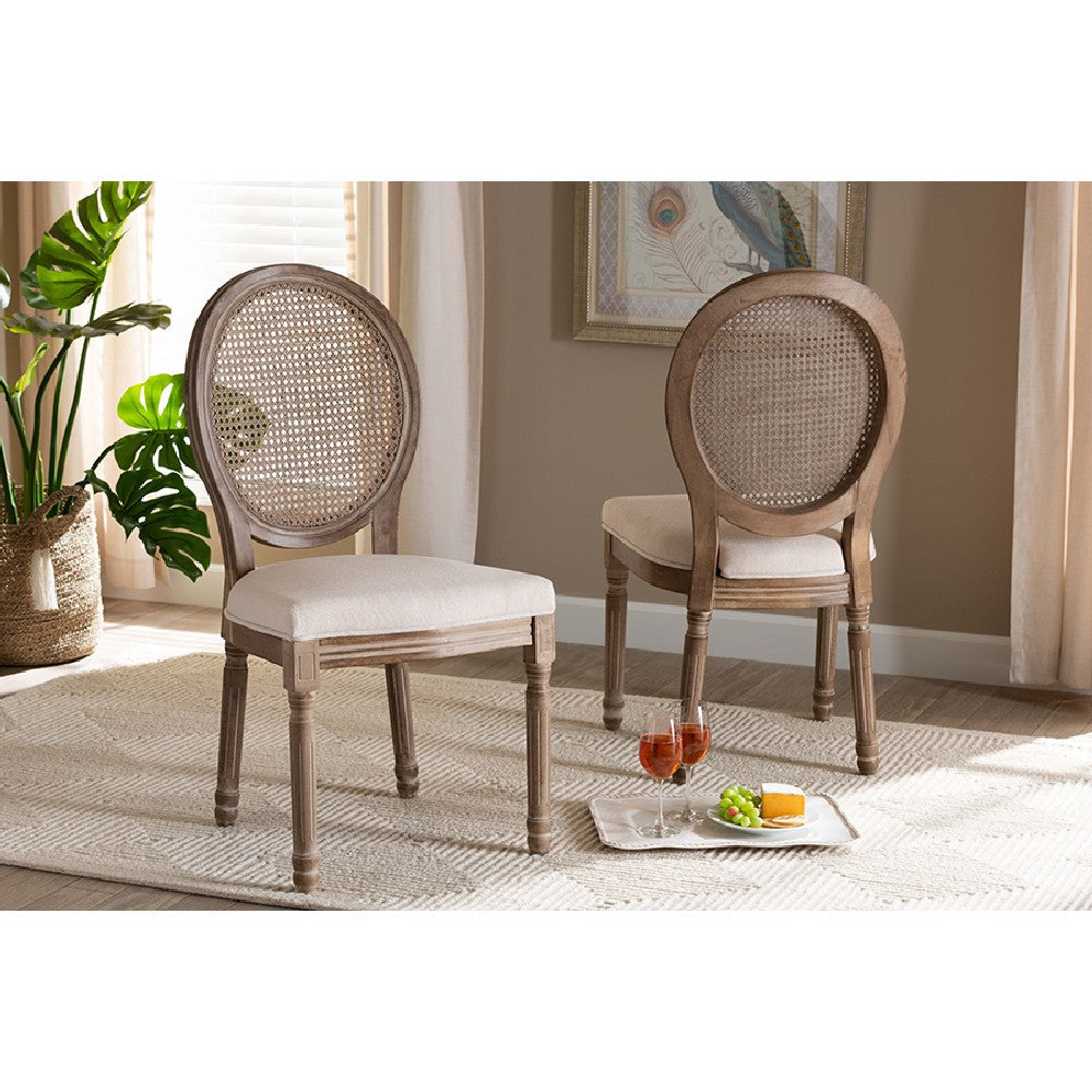 Baxton Studio Louis Traditional French Inspired Beige Fabric Upholstered and Antique Brown Finished Wood 2-Piece Dining Chair Set