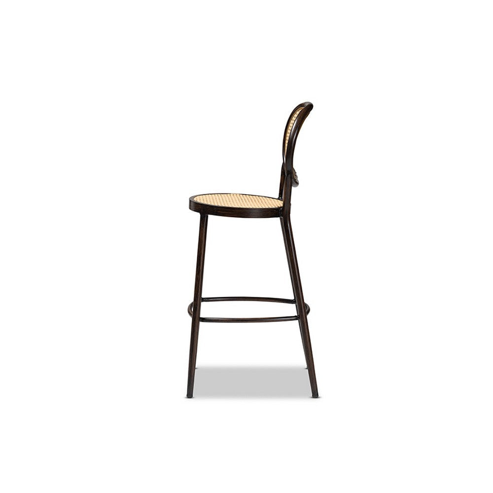Baxton Studio Thalia Mid-Century Modern Dark Brown Finished Metal and Synthetic Rattan Outdoor Bar Stool