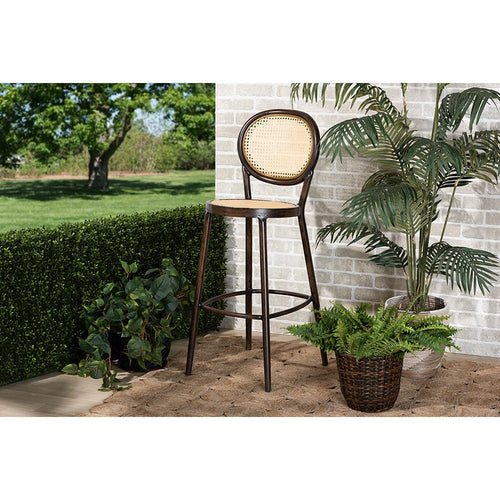 Baxton Studio Thalia Mid-Century Modern Dark Brown Finished Metal and Synthetic Rattan Outdoor Bar Stool